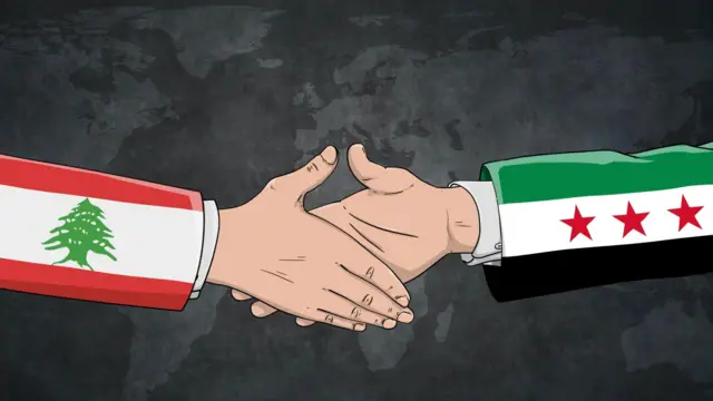 صورة مرسومة تظهر يدان تريدان المصافحة إلى جانب العلمين السوري واللبناني