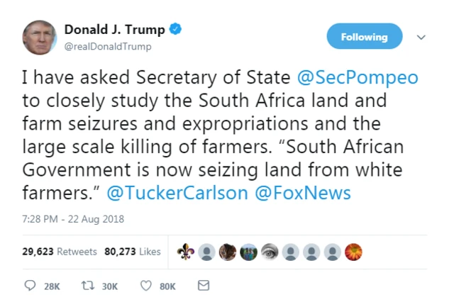 Screenshot of Donald Trump's tweet. It reads: I have asked Secretary of State @SecPompeo to closely study the South Africa land and farm seizures and expropriations and the large scale killing of farmers. “South African Government is now seizing land from white farmers.
