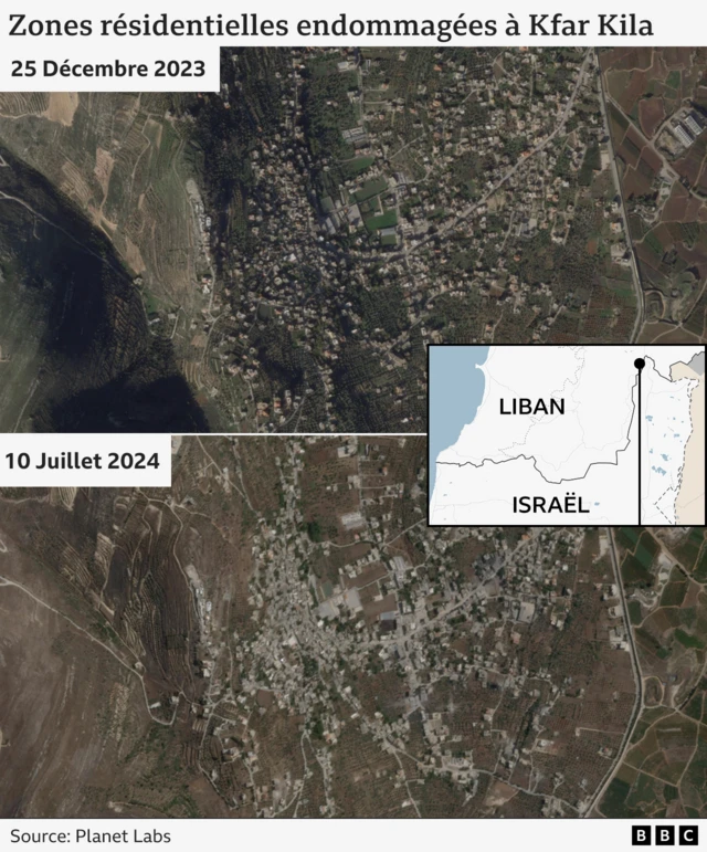 Image satellite à écran partagé montrant les destructions de bâtiments à Kfar Kila au fil du temps