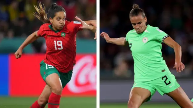 Sakina Ouzraoui of Morocco wear red jersey on green shorts. Ashleign Plumptre of Nigeria wear lemon green jersey.
