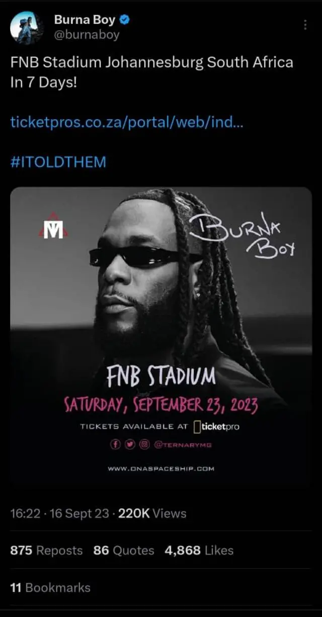 Burna Boy concert advert