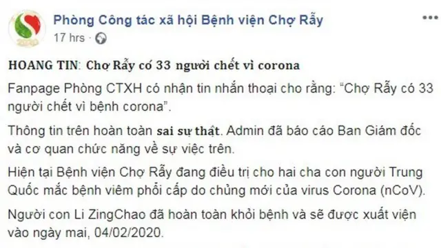 Facebook Phòng công tác xã hội bệnh viện Chợ Rẫy đăng tối ngày 3/2