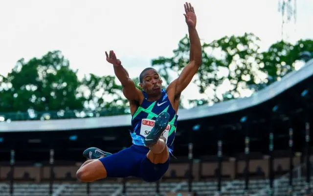 South Africa's Ruswahl Samaai jumps 8,09 in his final jump to win the men's long jump event during the Diamond League Athletics Meeting at Stockholm stadium on August 23, 2020.