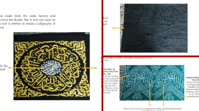 Mekke'deki Ulu Camii'de Kabe'yi örtmek için kullanılan kutsal İslami kumaş olan Kisve'nin farklı bölümlerine ait üç görüntünün birleşimi. Bu görüntüler, ABD Adalet Bakanlığı tarafından 30 Ocak 2026'da yayımlanan Epstein belgelerinden alınmıştır.