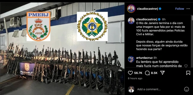 Publicação na rede social Instagram do governador do estado do Rio de Janeiro, Claudio Castro, que mostra uma grande quantidade de fuzis apreendidos em operação policial e logotipos das polícias estaduais