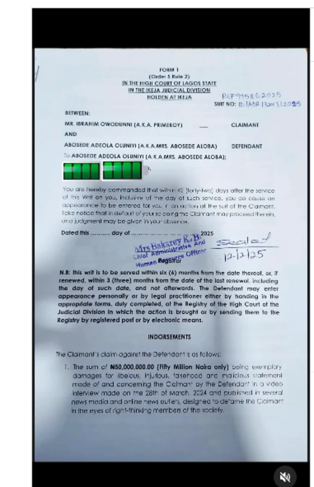 Ẹda iwe ti Prime Boy fi n beere aadọta miliọnu lọwọ Iya Mohbad