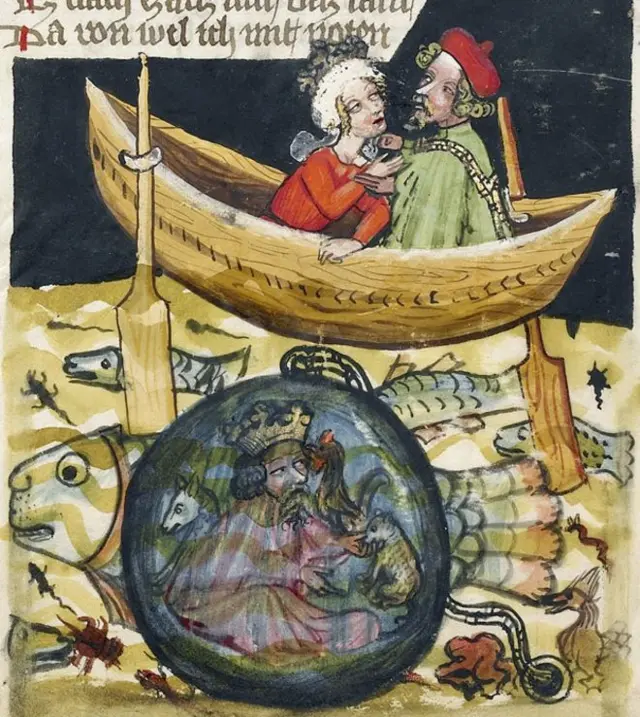 Ilustración de Alejandro Magno sumergido en una campana de vidrio.