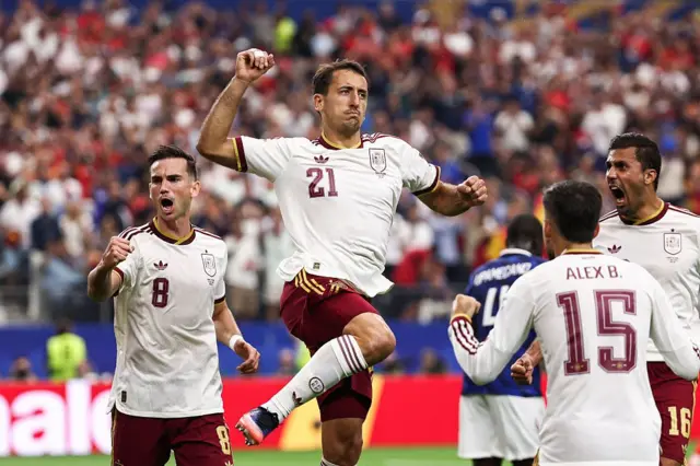 Mikel Oyarzabal celebrates scoring his team's first goal during the 2026 World Cup football tournament semi-final match between France and Spain at the Dallas Stadium in Arlington on July 14, 2026