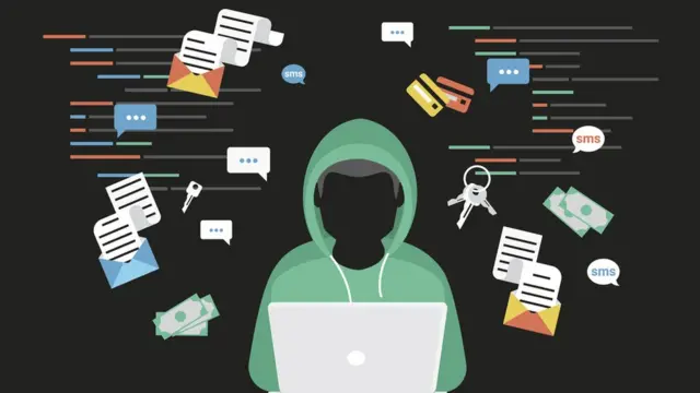 صورة غرافيك لشخص دون وجه يستخدم حاسوبا وحولة رموز لتبادل الرسائل