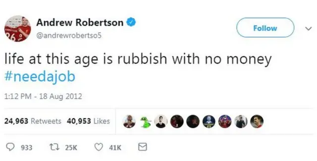 Robertson tweet from 2012 'life at this age is rubbish with no money'
