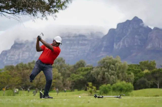 Single leg amputee Simo Mdudu of South Africa hits off the tee during the Cape Town Disabled Golf Open on the King David Mowbray Golf course in Cape Town, South Africa, 27 September 2021. Postponed for two years due to covid-19 the Cape Town Disabled Golf Open is one of the top disabled golf tournaments in the world. People suffering from any kind of physical disabilities including arm and leg amputees, hemiplegics, paraplegics, stroke victims, blind, and deaf people that are able to grip the club with at least one hand and hit the ball can compete.