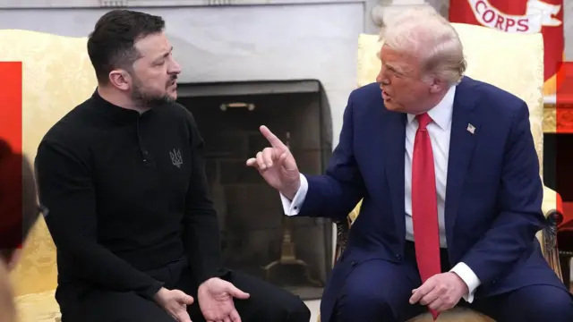 Трамп в Овальному кабінеті показує на Зеленського пальцем, Зеленський розводить руками