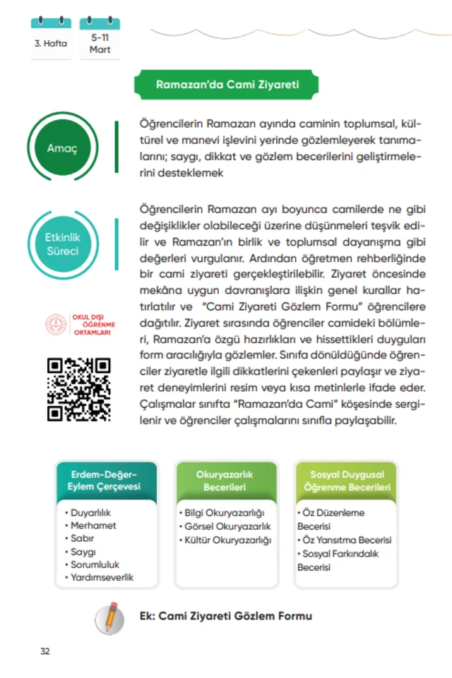 Bakanlığın valiliklere gönderdiği kılavuzda cami ziyareti ile ilgili bölümü gösteren sayfa 