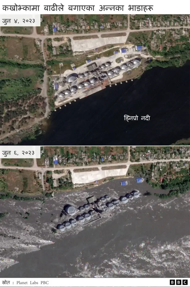 स्याटलाइटबाट कैद दृश्यमा अन्नको भण्डार डुबेको देखिन्छ