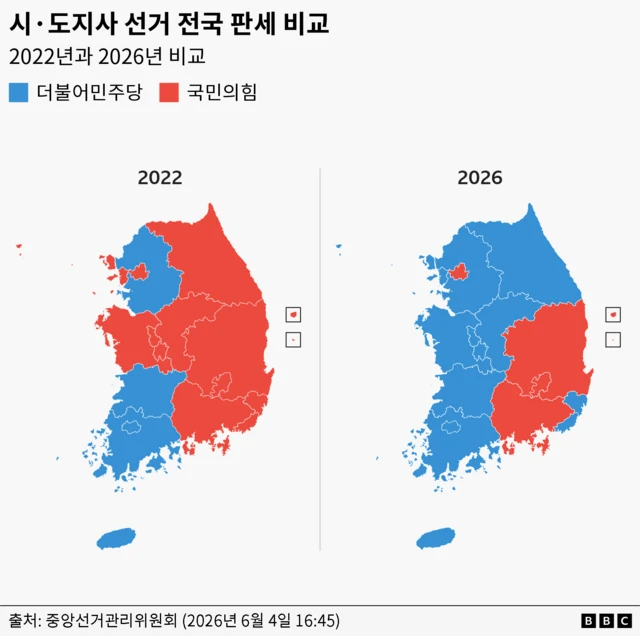 대한민국 시도지사 선거 결과를 지도에 표시한 그래픽. 붉은색과 푸른색으로 구분돼 있다.
