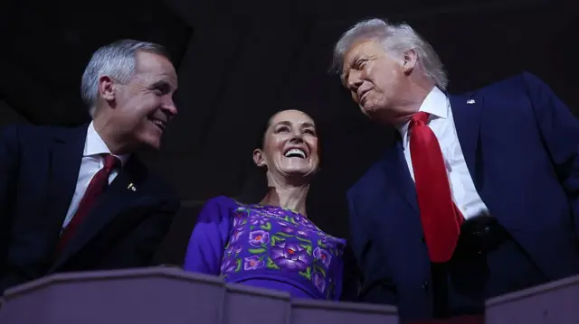 El premier canadiense, Mark Carney; la presidenta de México, Claudia Sheinbaum; y el presidente estadounidense, Donald Trump.