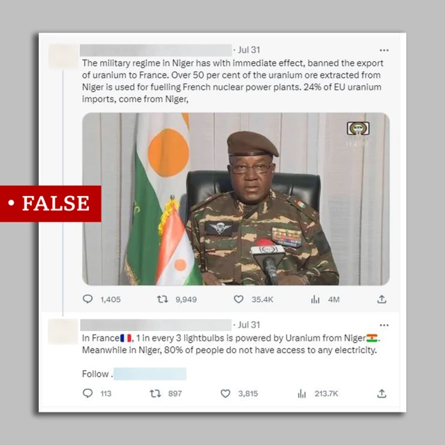Capture d'écran d'un tweet affirmant faussement que le Niger a interdit les exportations d'uranium vers la France
