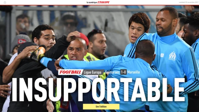 Portada del diario deportivo francés L'Equipe que dice "Intolerable" y muestra la patada (Foto: tomada de L'Equipe)