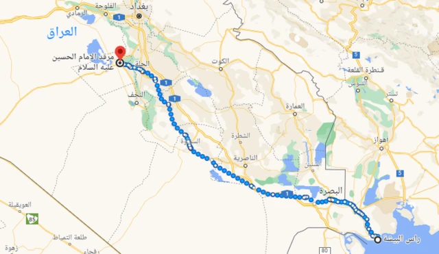 صورة من خرائط غوغل تظهر الطريق بين رأس البيشة في شبه جزيرة الفاو ومحافظة كربلاء