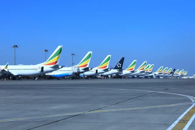 በተርታ የቆሙ የኢትዮጵያ አየር መንገድ አውሮፕላኖች