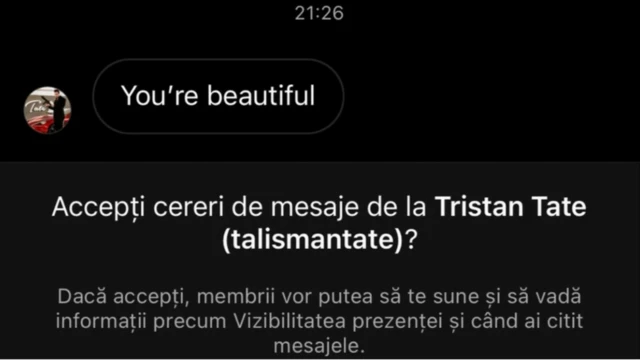 Screenshot from a message from Tristan Tate's account on Instagram