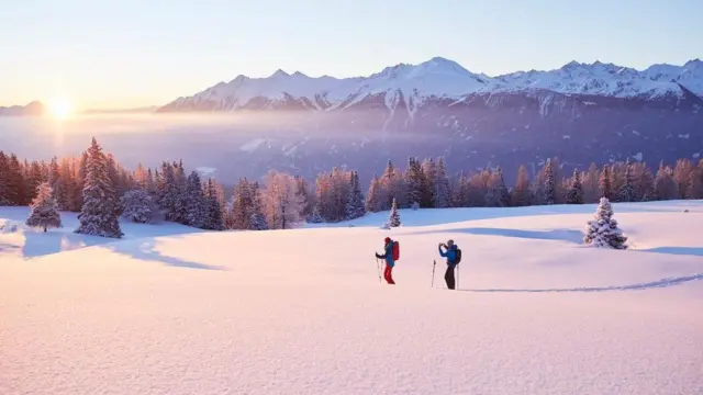 Two skiers for one Austrian slope wey dey covered in snow during winter