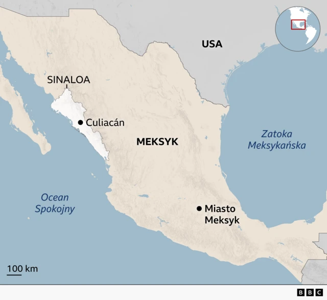 Mapa pokazująca położenie miasta Culiacán na wybrzeżu Pacyfiku w Meksyku. Widoczne są również granice stanu Sinaloa oraz granica Meksyku ze Stanami Zjednoczonymi.