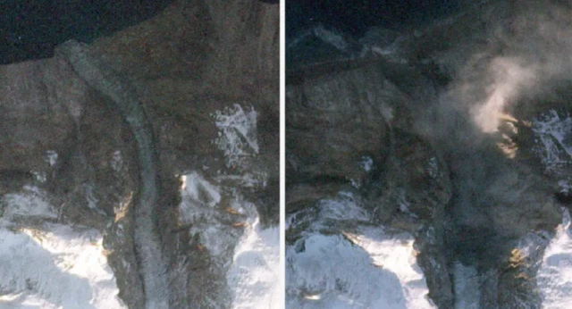 Sağda buzuldan çıkan duman görünüyor