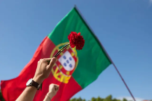 Mão segura cravo vermelho com bandeirasite de aposta winPortugal ao fundo