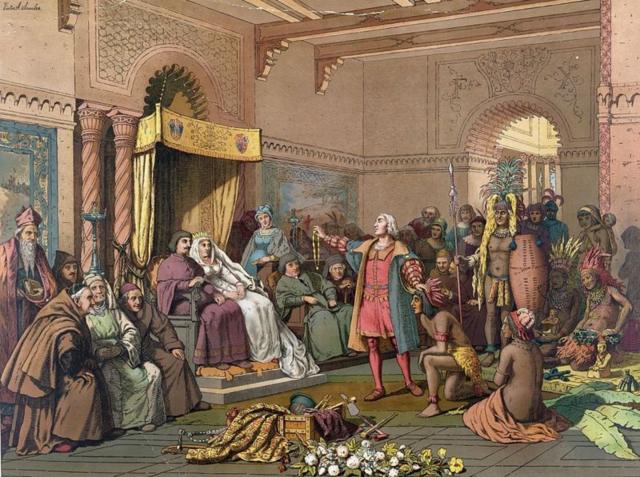 Pintura retrata indígenas recebendo colonizadores