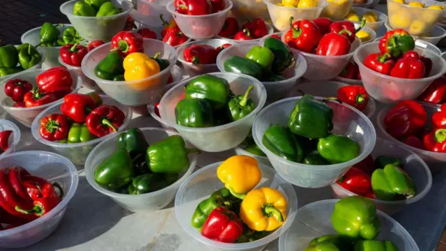 Ọtụtụ ose diị iche iche na-acha odo, uhie uhie na akwụkwọ ndụ akwụkwọ ndụ nọ n'ime efere dị iche iche.