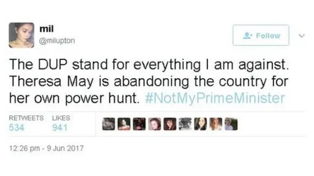 ترجمة التغريدة "مبادئ الحزب الديموقراطي الوحدوي تتعارض مع ما أؤمن به. تيريزا ماي تخلت عن البلد من أجل السلطة."