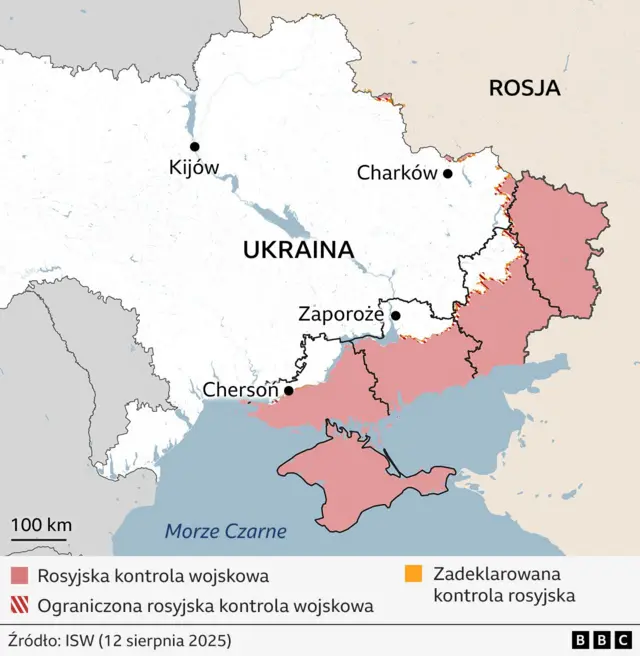 Mapa przedstawiająca linię frontu w Ukrainie na dzień 12 sierpnia 2025 roku. 
