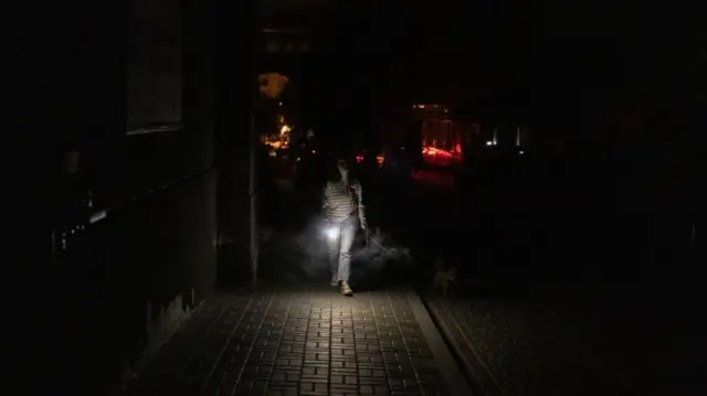 Жінка гуляє з собакою темною вулицею під час часткового відключення електроенергії в Києві 5 червня 2024 року після ударів Росії по українській енергетичній інфраструктурі