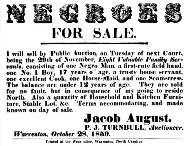 Un folleto anunciando una venta de esclavos en 1859 en Estados Unidos.