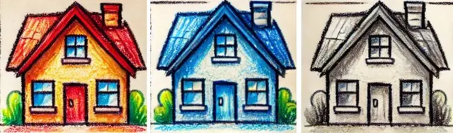 Trois maisons identiques, une couleur, une autre uniquement bleue et une autre sans couleur.