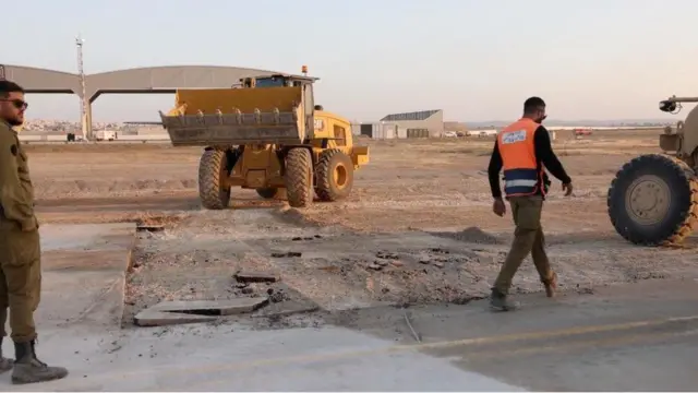 Damaged area of Nevatim air base shown in handout picture from Israeli military