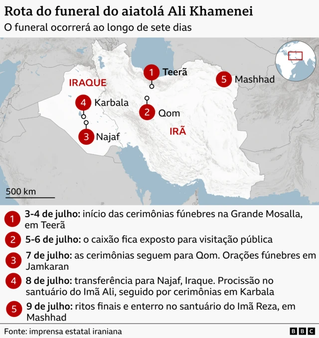 Mapa com os locais de realização do funeral do ex-líder supremo do Irã, Ali Khamenei