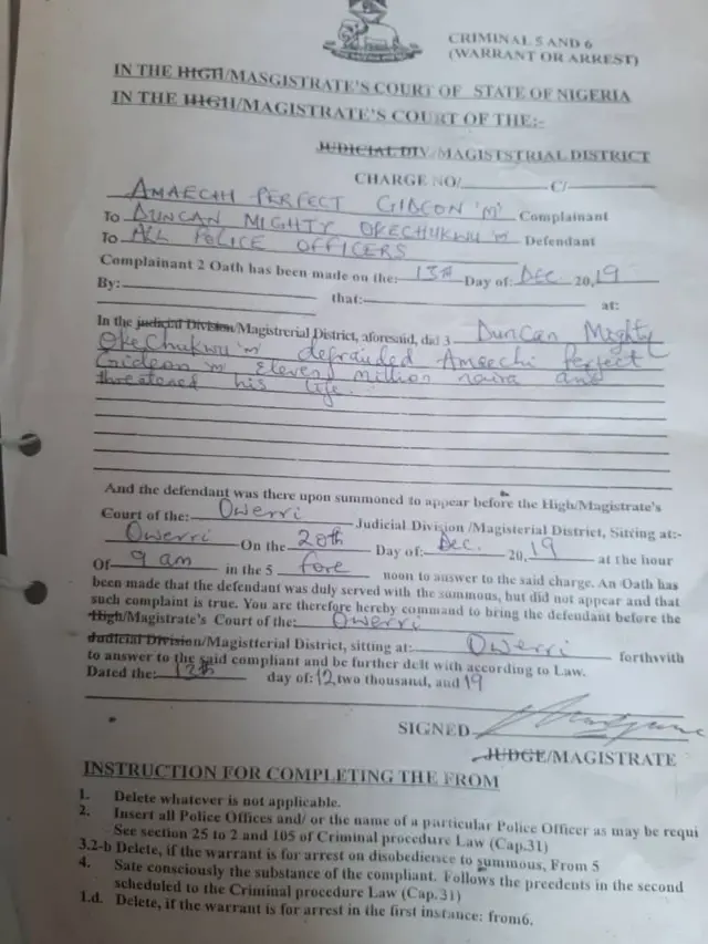 Court warrant to arrest Duncan Mighty