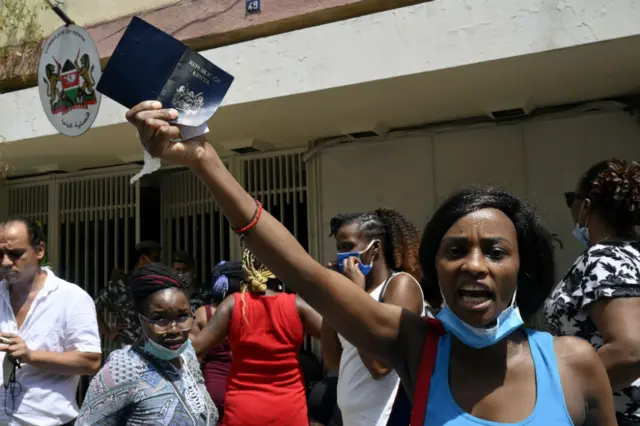Kenyan workers protest outside their consulate in Beirut, Lebanon.