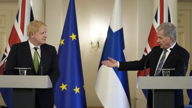 Prime Minister Boris Johnson (left) and Finland"s President Sauli Niinisto, at a press conference at the Presidential Palace in Helsinki, Finland