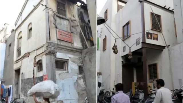 પ્રથમ તસ્વીર ખાડીયા ગોલ્ડવાડમાં જનસંધની જૂની ઑફિસ જ્યારે બીજી તસ્વીરમાં નવી બંધાયલ ઓફિસ.