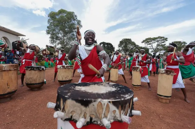 Traditional Burundian drummers perform the royal drum dance during the national drummer contest in Gitega, Burundi, on December 20, 2021.