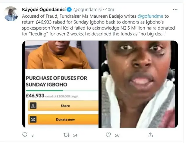Ohun ti Kayode Ogundamisi kọ soju opo Twitter rẹ.