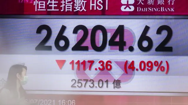 People walk past an electronic display showing the Hang Seng Index in the Central district of Hong Kong on July 26, 2021,