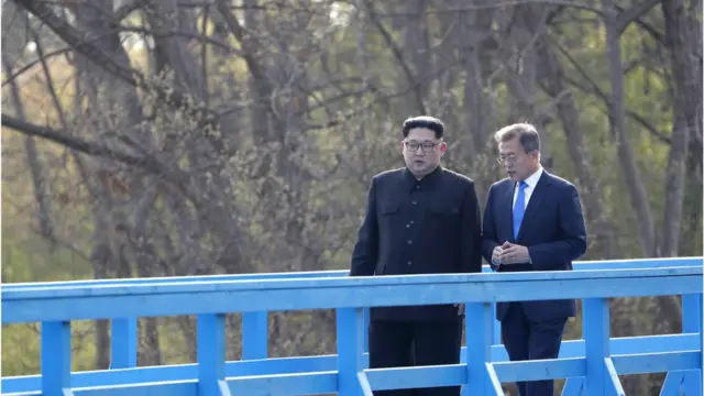 문재인 대통령과 김정은 국무위원장은 공동 식수를 마친 후 군사분계선 표식물이 있는 '도보다리'까지 산책을 하며 담소를 나누고 있다