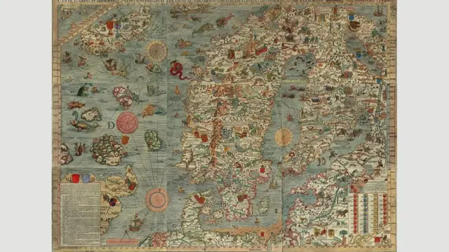 Kitovi neobičnog izgleda mogu se videti Karti marini nordijskih zemalja Severne Evrope iz 16. veka