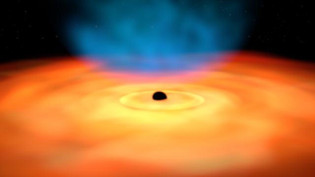 Ilustración del disco de gas y polvo en torno a un agujero negro.