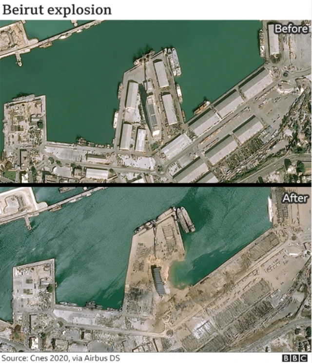 aerial image of before and after the explosion