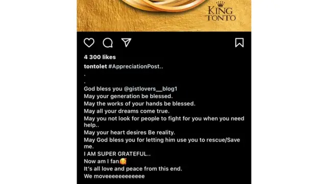Screenshot of Actress Tonto Dike post